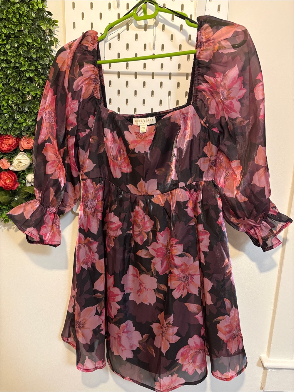La Vie en Rose Floral Square-Neck Mini Dress in Pink on Black